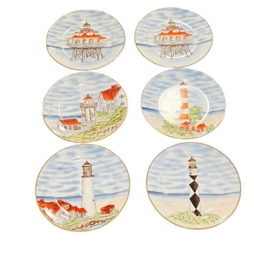Royal Norfolk Lighthouse Coastal Plates Nautical Wall Art Dinnerware Set of 6